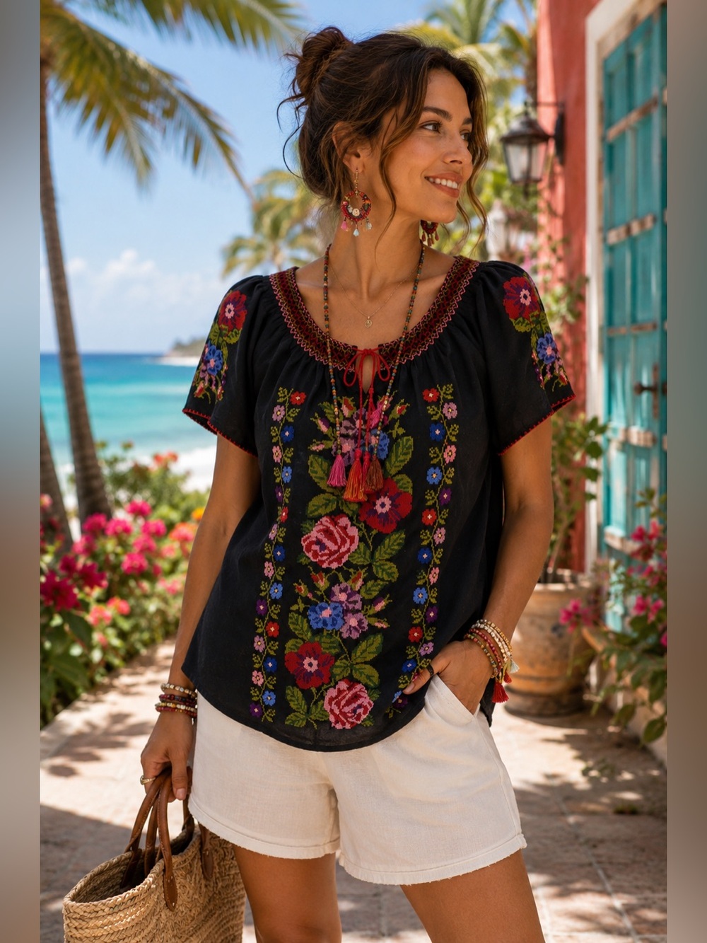 Durga Black Boho Peasant Blouse Small Embroidered Needlework Roses Tassels Shirt